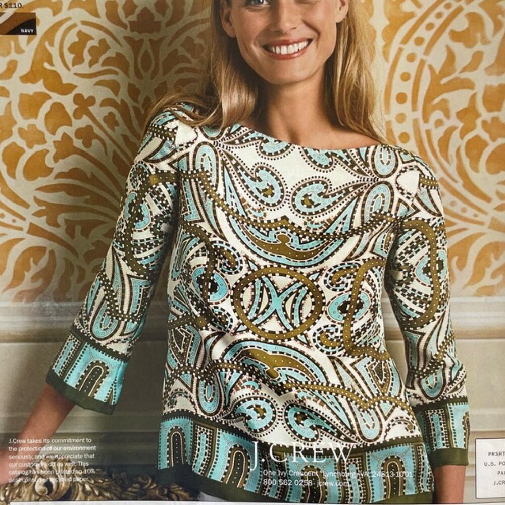 J Crew Size 4 Silk Green Beige Coral Blue Stylish Top Blouse Women